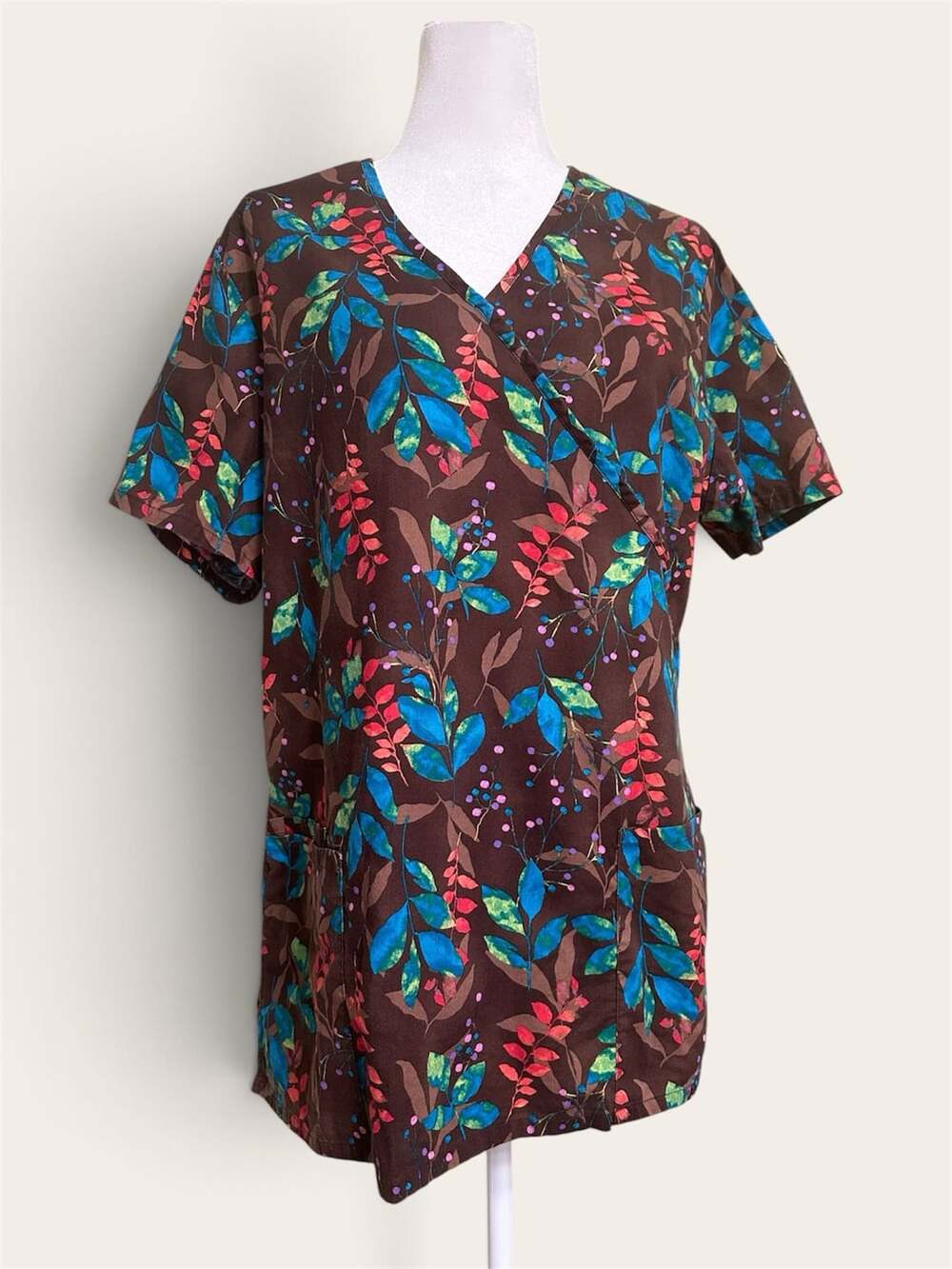 Fall scrub top brown floral leaf v neck
